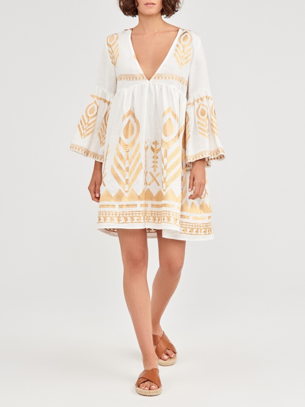 White Mini Dress with Gold Embroidered Motif - V-Neck Bell Sleeve